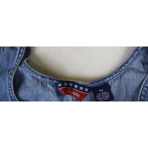 VINTAGE 90s WOMEN'S DENIM MIDI AMERICAN FLAG PRINT JUMPER DRESS - SIZE PM - Picture 4 of 6